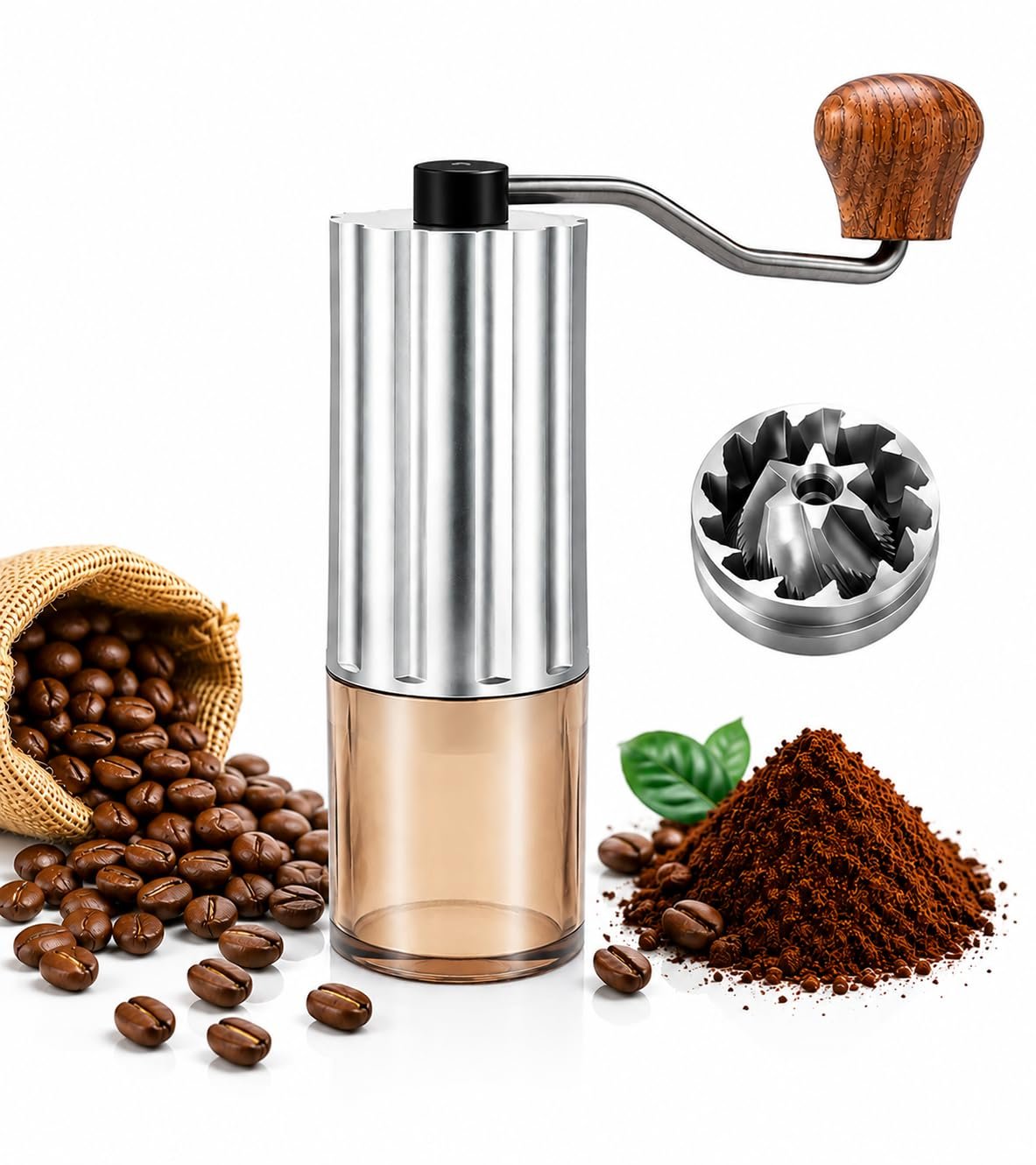 SHARDOR Manual Coffee Grinder with CNC Stainless Steel Conical Burr, Coffee Bean Crusher with Adjustable Grind Settings & Wood Handle, Portable Coffee Mill for Espresso, Pour Over,25g Capacity(Silver)