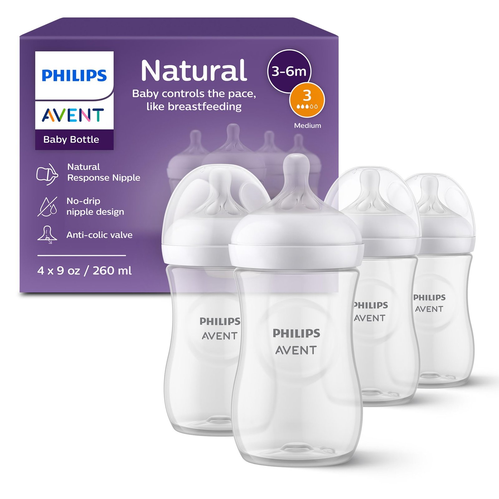 Philips Avent Natural Baby Feeding Bottle Combo| No.1 Brand Recommended by Moms Worldwide | Natural Response Technology Mimics Breastfeeding (260ml Clear – 4pc Combo) | SCY903/04