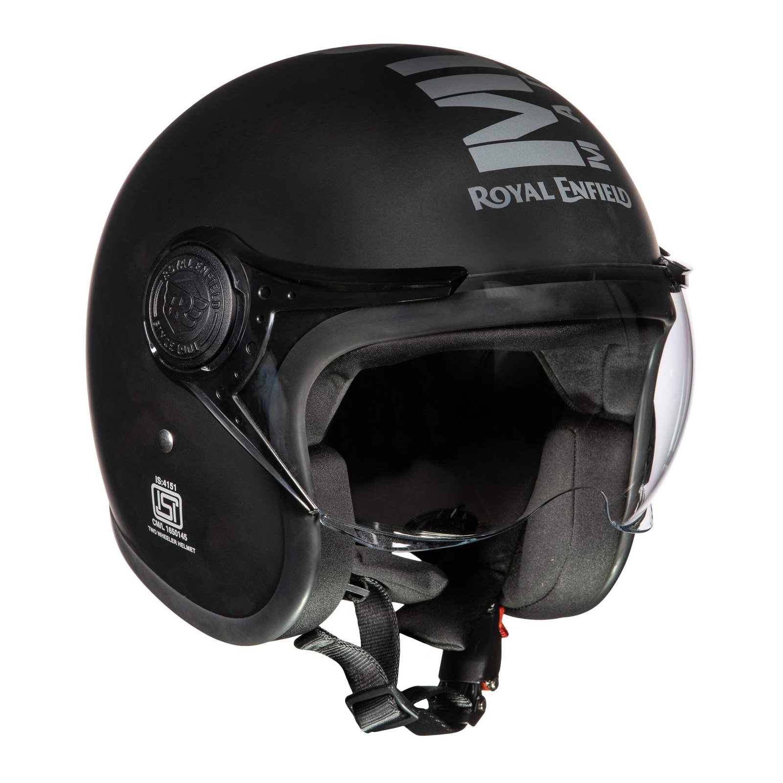 Royal Enfield Open Face MLG Helmet |Made Like a Gun | with Clear Visor | Impact Protection | High Density EPS | ISI and DOT Certified | Micrometric Lock MATT Black (XL) 62 CM