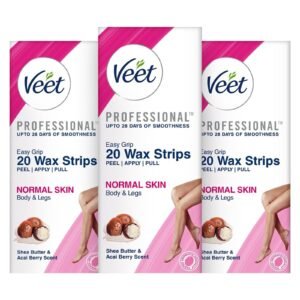 Veet Full Body Waxing Strips Kit – Normal Skin | 20 Strips (Pack of 3) | 20 Pre-Coated Wax Strips & 4 Perfect Finishing Wipes | 28 Days Smoothness | Arms, Underarms, Legs & Bikini Area