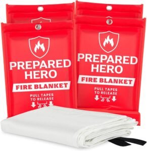 Prepared Hero 4-Pack Emergency Fire Blanket – 40″ x 40″ Fiberglass Fire Blanket for Kitchen, Backyard, Vehicle, Camping – Red