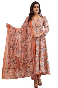 PARTHVI Women’s Printed Cotton Anarkali Kurta & Pant With Dupatta Set