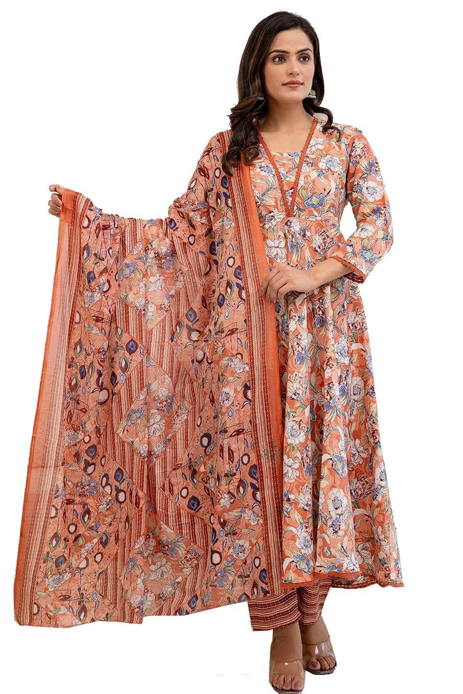PARTHVI Women’s Printed Cotton Anarkali Kurta & Pant With Dupatta Set