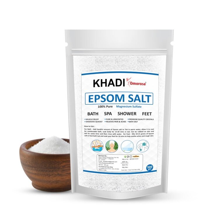 Khadi Omorose Epsom Bath Salt Crystal and Bath | For refreshing bath soak | Foot Spa | Relieves aches & pain – 500 Gram