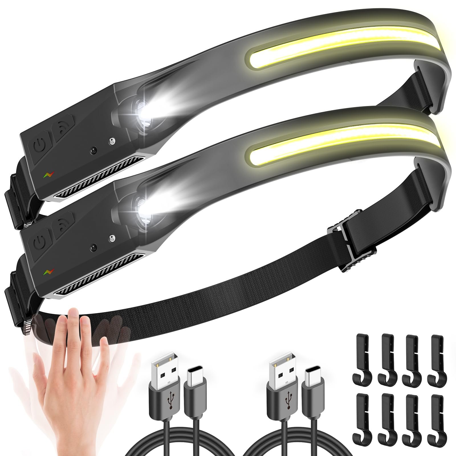 UNBON Ultra Powerful LED Headlamp, USB C Rechargeable Headlamp with 5 Lighting Modes, Motion Sensor, IPX4 Waterproof Lightweight Super Bright for Hiking DIY Camping Fishing
