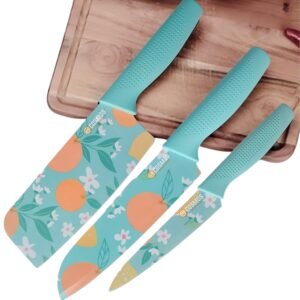 E-COSMOS® Professional 3-Piece Kitchen Knife Set – High Carbon Stainless Steel Chef, Utility & Santoku Knives with Ergonomic Blue Handles (3 Pc Knife Set)