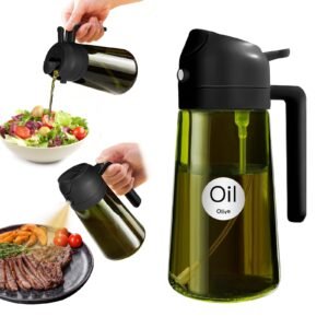 YARRAMATE Borosilicate Glass 16oz/470ml 2 in 1 Oil Sprayer for Cooking with Stickers, Dark Green Food-Grade Olive Oil Dispenser Bottle for Kitchen, Air Fryer, Grill – Light Blockage(Black)