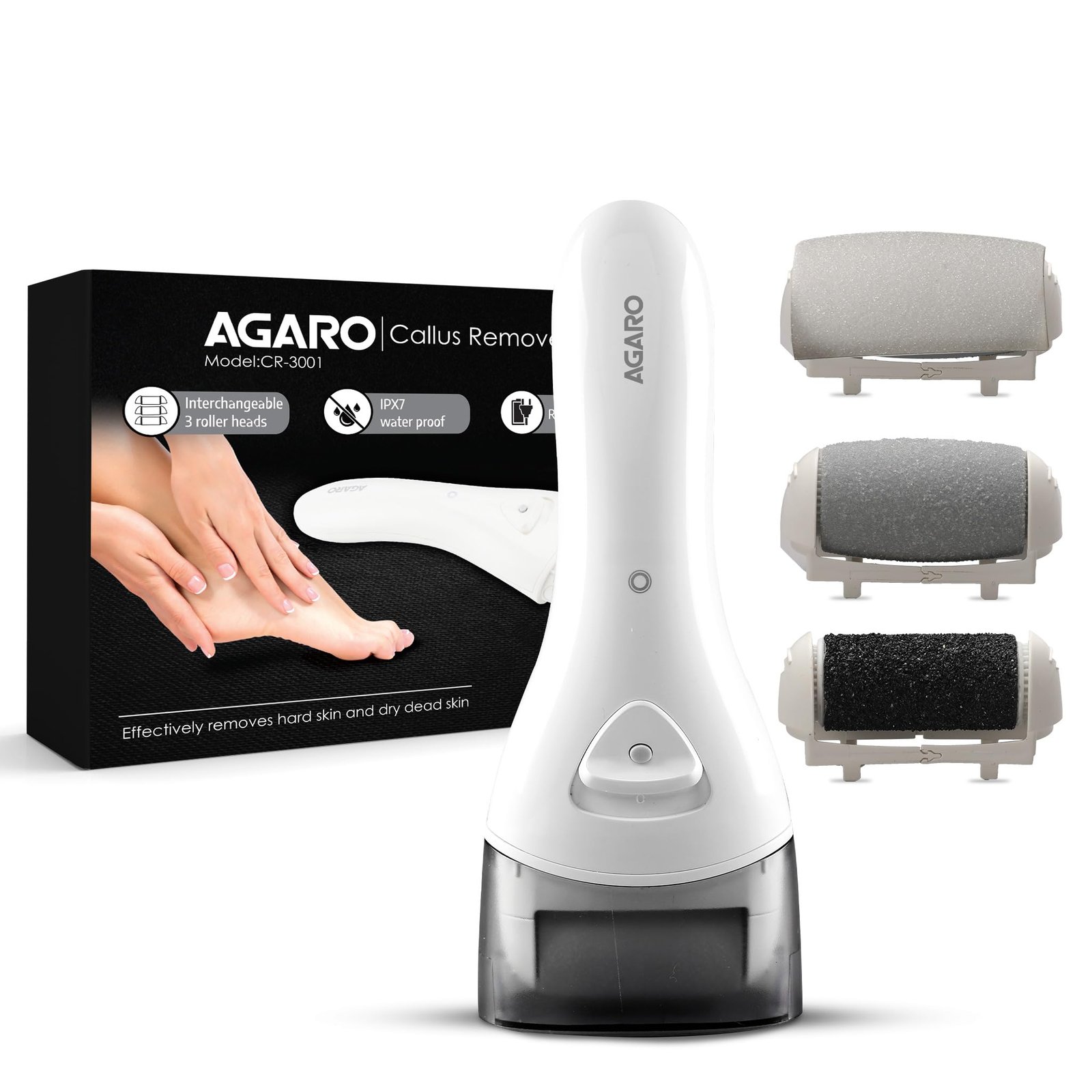 AGARO CR3001 Callus Remover with 3 Interchangeable Head Rollers, Rechargeable for Foot Care, Callus & Dead Skin Removal
