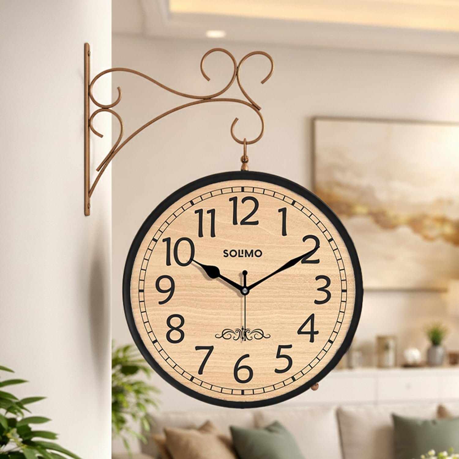 Amazon Brand – Solimo Double Sided Vintage Station Wall Clock, one Side Roman and Other Side Numeral dial (12 Inches, Black with Copper Finish) Metal, Analog