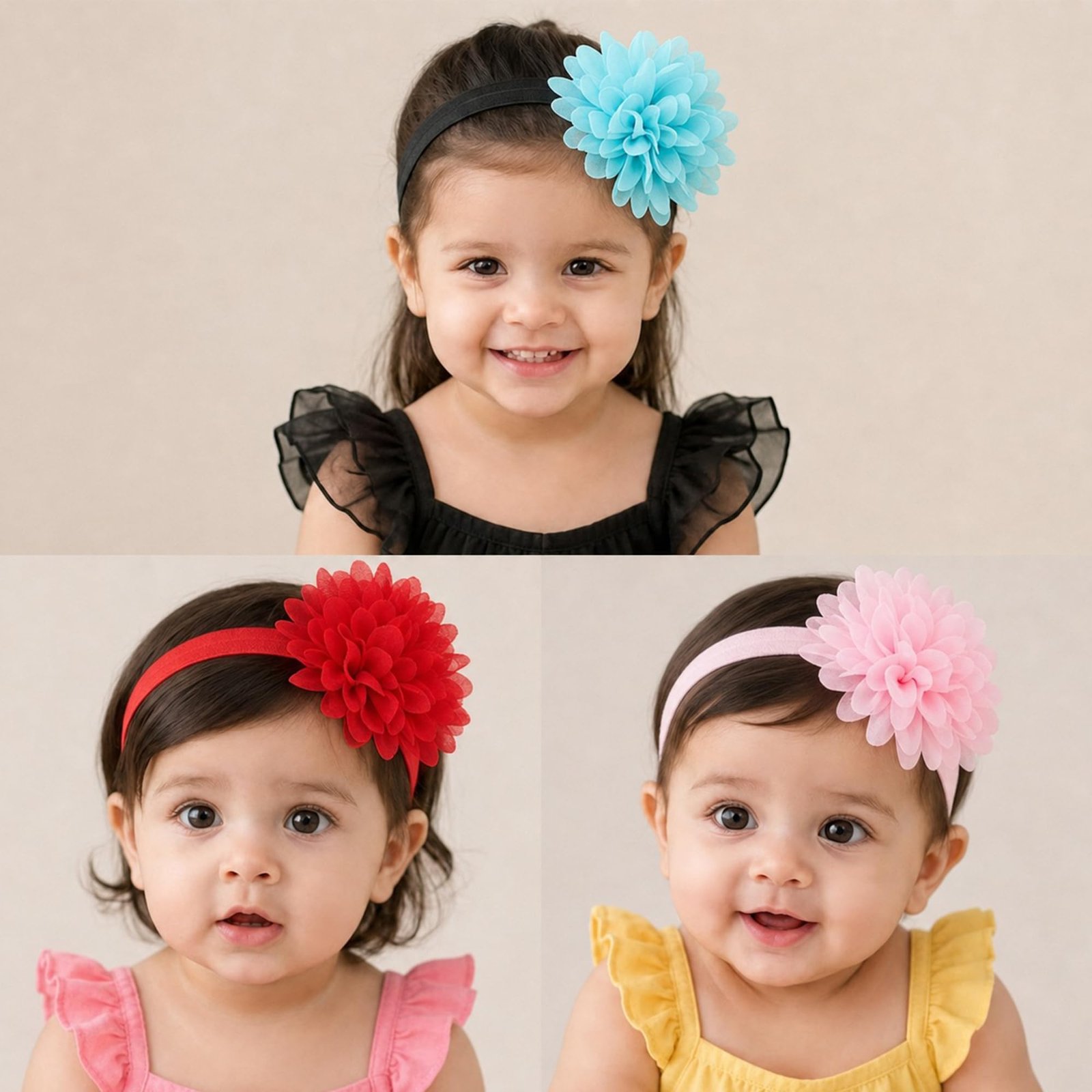 Babymoon Set of 3 | Plain Flowers Soft Synthetic Hairbands for Baby Girls, Infants and Toddlers Headbands | Pink-Red-Yellow