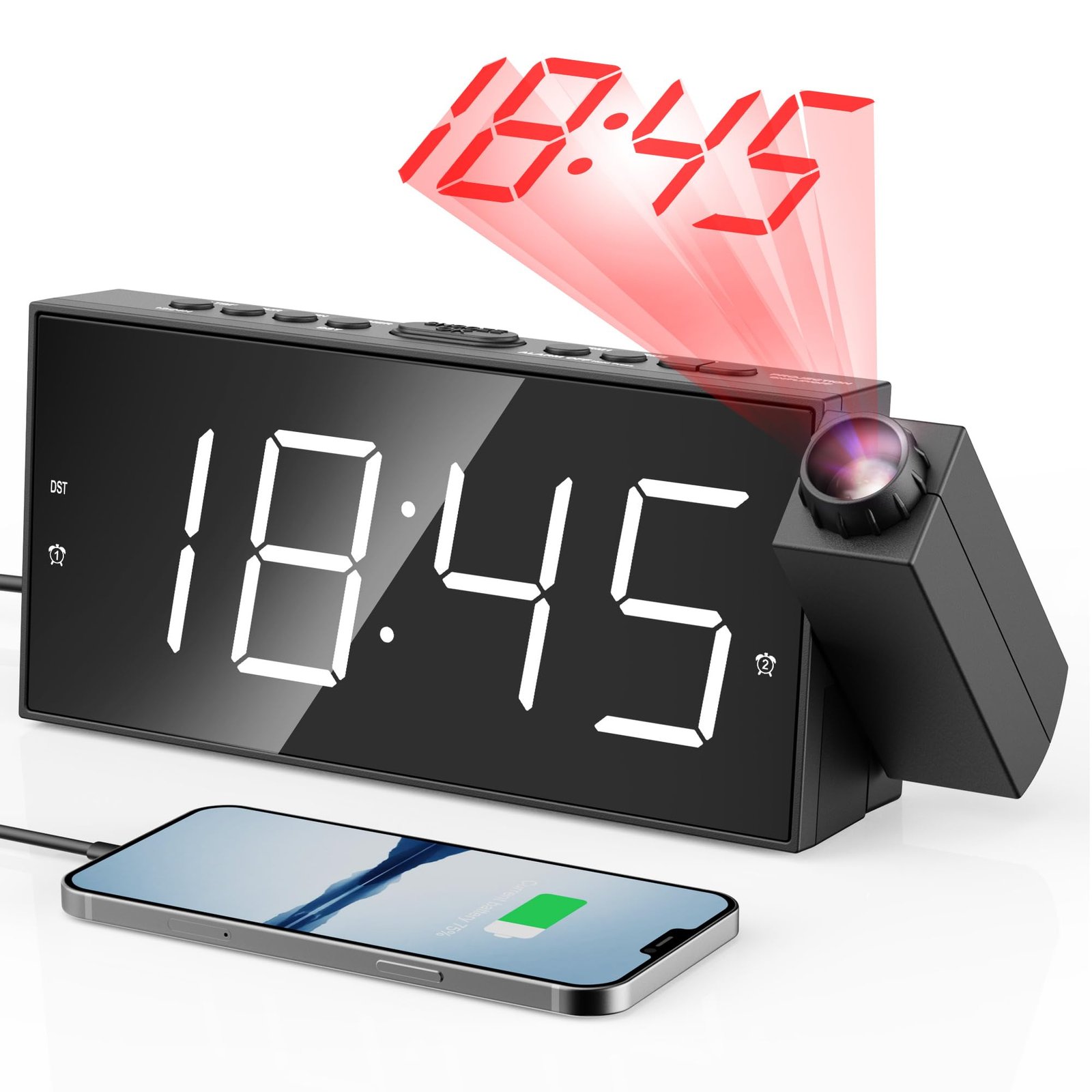 Projection‚ Alarm‚ Clock‚ for‚ Bedroom,Projector Ceiling‚ Clock‚ with‚ 7‚Large Digtal‚ LED‚ Display&Dimmer,180‚Projector,USB‚ Charger,Dual Alarms,12/24H‚ DST,Battery‚ Backup & Plug-in‚ Loud‚ Clock‚