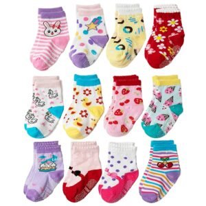 Organic Cotton Anti-Skid Socks Non Slip Kids Toddler Socks with Grip | (Pack of 4,6 &12 Pair) (Color & Print May Vary) (0 to 5 years size)