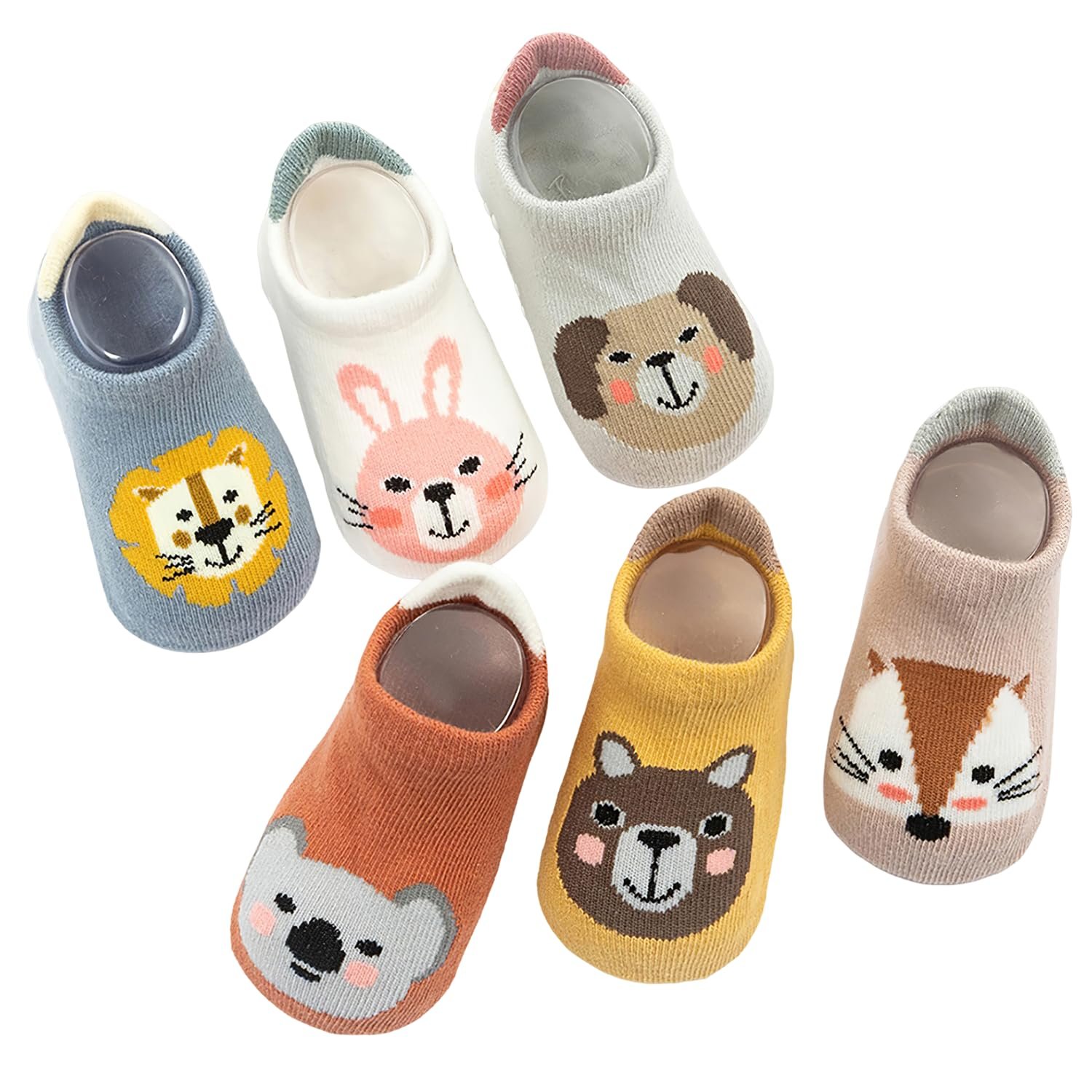 TecoKart® 6 Pairs Baby Anti-Slip Socks Set for Boys & Girls, Cute Cotton Cartoon Animal Thermal Socks for Kids 0-3 Years, Sweat-Absorbent, Non-Skid, Comfortable