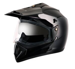 Vega Off Road ISI Certified Gloss Finish Full Face Helmet for Men with Dual Visor and Stylish Peak-Black, Size:L