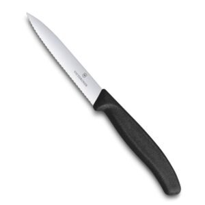 Victorinox Swiss Classic Stainless Steel Paring Knife, 10 cm, Serrated Edge with Pointed Tip, Professional and Household Kitchen, Black, Swiss Made, 6.7733 | Multipurpose Knife