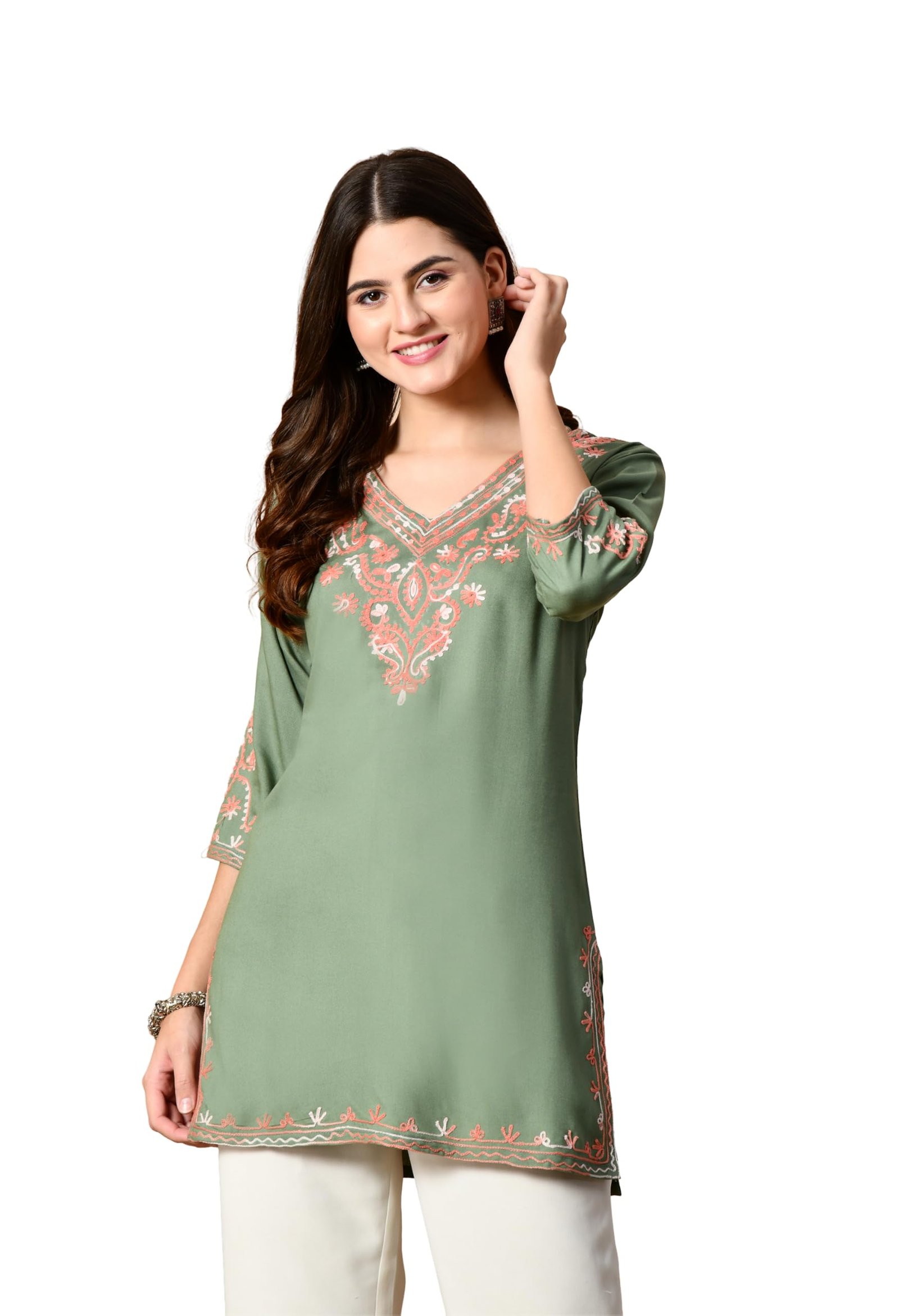 LIBOZA Embroidered Kashmiri Tunic Top, Short Kurti for Women on Jeans, V-Neck, 3/4 Sleeve, Floral Design,