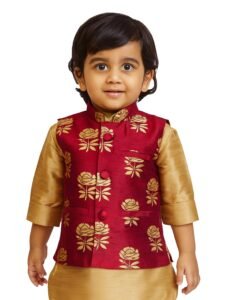 JBN Creation Boys’ Silk Blend Nehru Jacket || Banarasi Brocade Woven Jacquard Modi/Nehru Jacket || Ethnic Wear for Festivals, Weddings