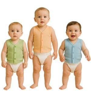 Infantbond by Fareto Baby Front Open Thermal Vest | Pack of 3 Warm Innerwear | Soft Ribbed Cotton Sleeveless Thermals for Newborns & Infants – Perfect for Winter Season (0-6 Months)