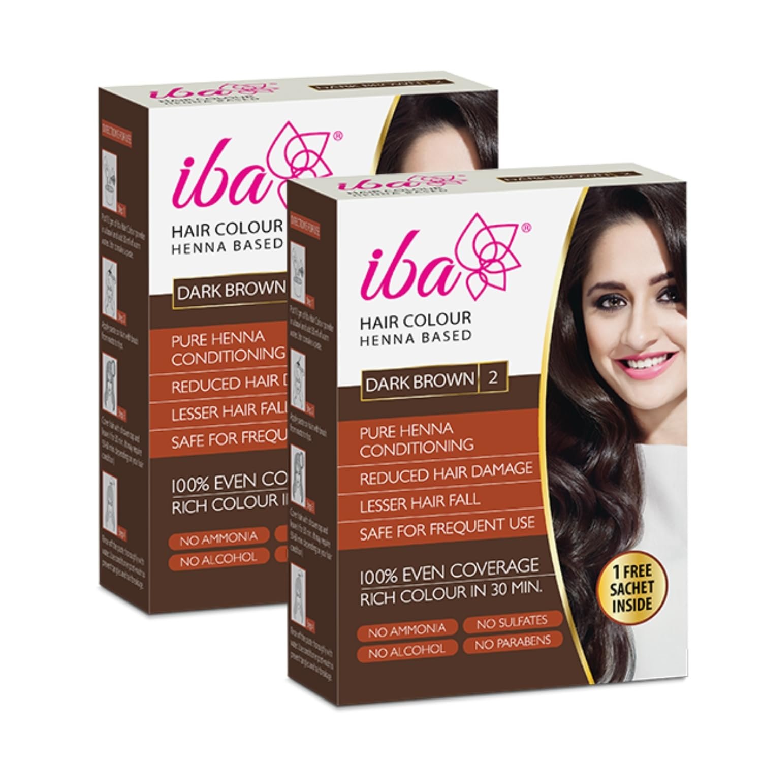 Iba Hair Colour for Women – Dark Brown, 70g (Pack of 2) | 100% Pure Henna Based Powder Sachet | Natural Hair Colour & Long Lasting with Conditioning Formula| Reduced Hair Fall & Hair Damage | Shine & Nourish Hair | Free from Ammonia and Other Harmful Chemicals | Herbal Hair Powder for Hair Color | Dark Brown Henna