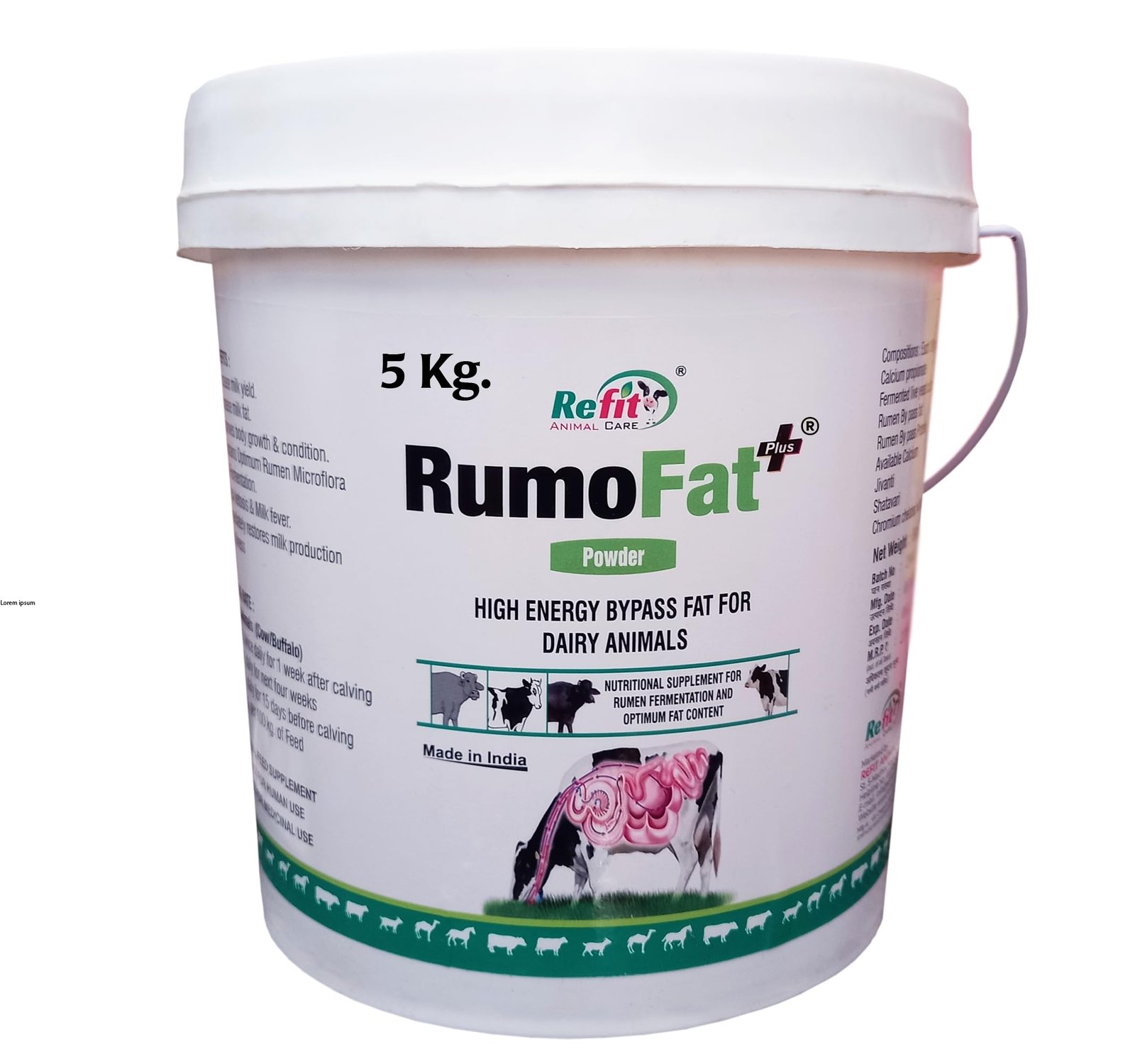 REFIT ANIMAL CARE Rumen Bypass Fat Powder for Cows, Buffalo, Goat, Cattle and Other Dairy Farm Animals 5 Kg, RumoFat+