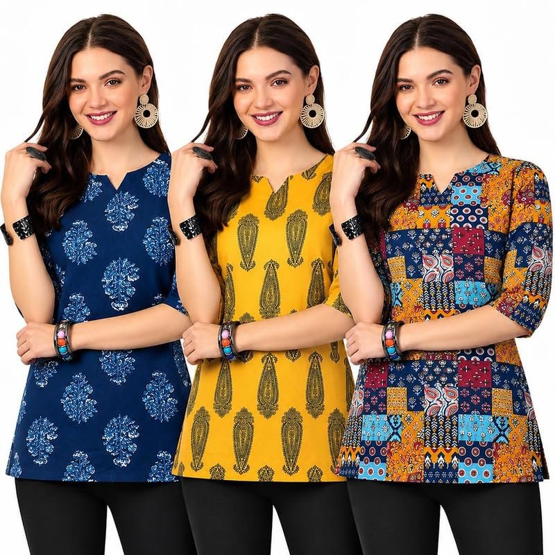 Pinkmint Women’s Printed Cotton Blend Tunic Kurti | Comfortable Short Kurta | Everyday Ethnic Wear