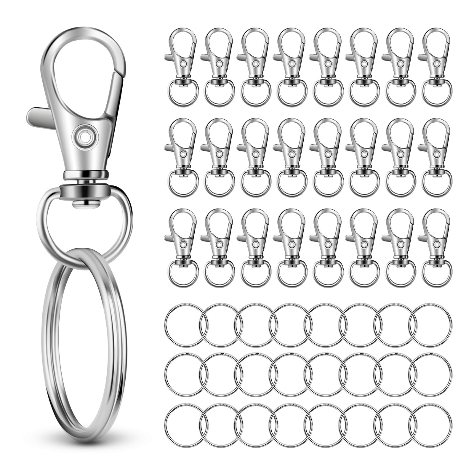 50 PCS in 25 Sets, Metal Swivel Lobster Claw Clasps, Keychain Lanyard with Large Key Ring, Premium Keychains Clips, Snap Hooks and Sturdy Key Rings, for Keychain Wristlet, Crafts, HnoaTovy. (Silver)