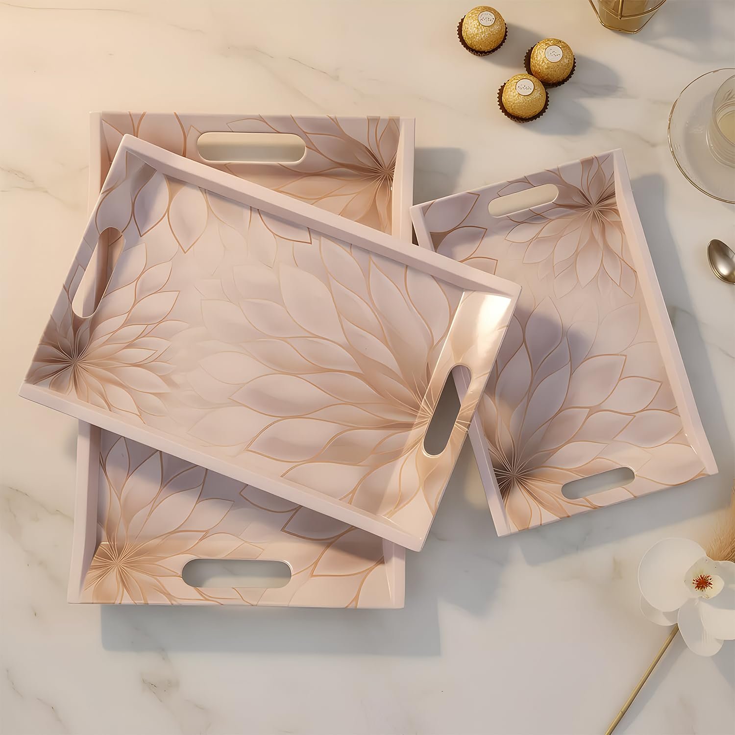 U.P.C Serving Tray Set of 3/ Tray Set for Serving/Premium Printed Tray for Serving/Multi-Use Nashta Plate (Small, Medium & Large) (VIL-209)