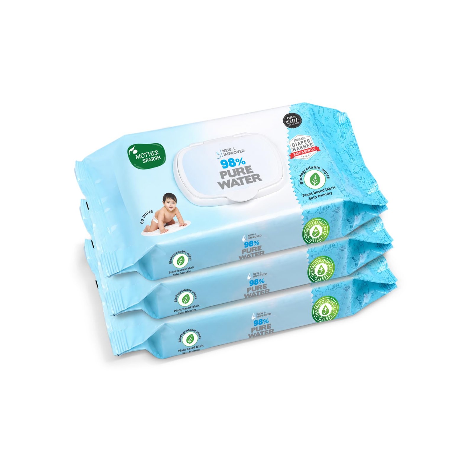 Mother Sparsh 98% Water Based Baby Wipes I Wet wipes made with Plant Fabric I 60 Pcs (Combo Offer Pack of 3)