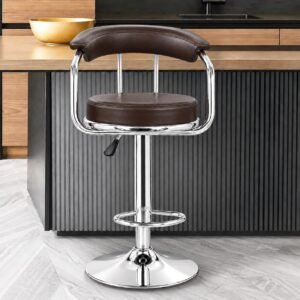 GUNJI Adjustable Bar Stool Chair for Kitchen Counter & Home Bar, Hydraulic Height Adjustable Swivel Chair, PU Leather Seat with Footrest, Chrome Base, Modern Counter Stool (1, Brown, Round)