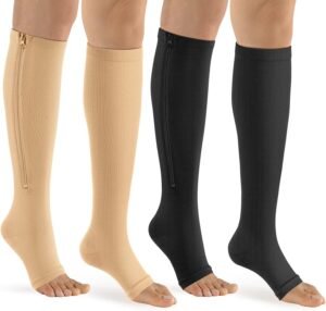 Zipper Compression Socks – 2Pairs Calf Knee High Stocking-Open Toe Compression Socks for Walking?Runnng?Hiking and Sports Use (C- Black/Nude, XXL)