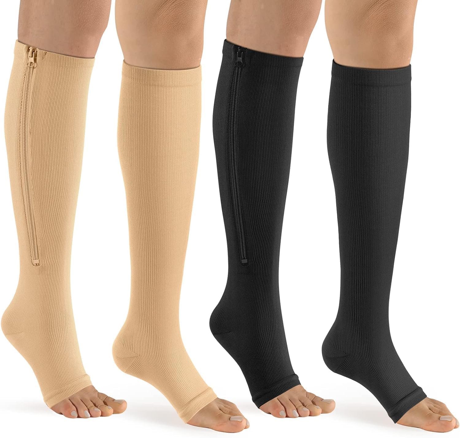 Zipper Compression Socks – 2Pairs Calf Knee High Stocking-Open Toe Compression Socks for Walking?Runnng?Hiking and Sports Use (C- Black/Nude, XXL)
