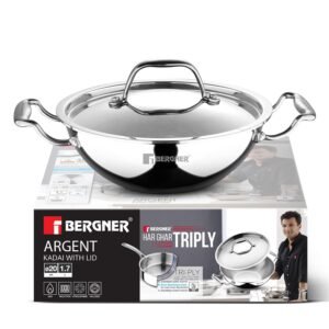BERGNER Argent TriPly Stainless Steel 20cm Kadai with Stainless Steel Lid, 1.7 Liters Small Kadhai, Less Oil Use, Healthy Cooking, Food Safe, Stay Cool Cast Handles – Induction and Gas Stove Ready
