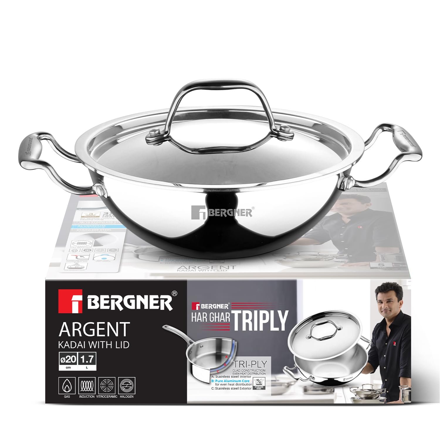 BERGNER Argent TriPly Stainless Steel 20cm Kadai with Stainless Steel Lid, 1.7 Liters Small Kadhai, Less Oil Use, Healthy Cooking, Food Safe, Stay Cool Cast Handles – Induction and Gas Stove Ready