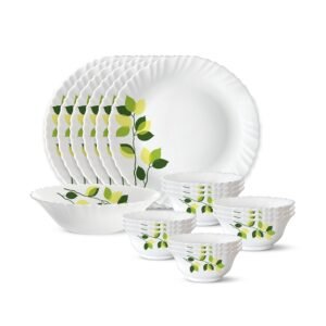 Larah by Borosil 19 Pieces Green Leaves Opalware Dinner Set for Family of 6