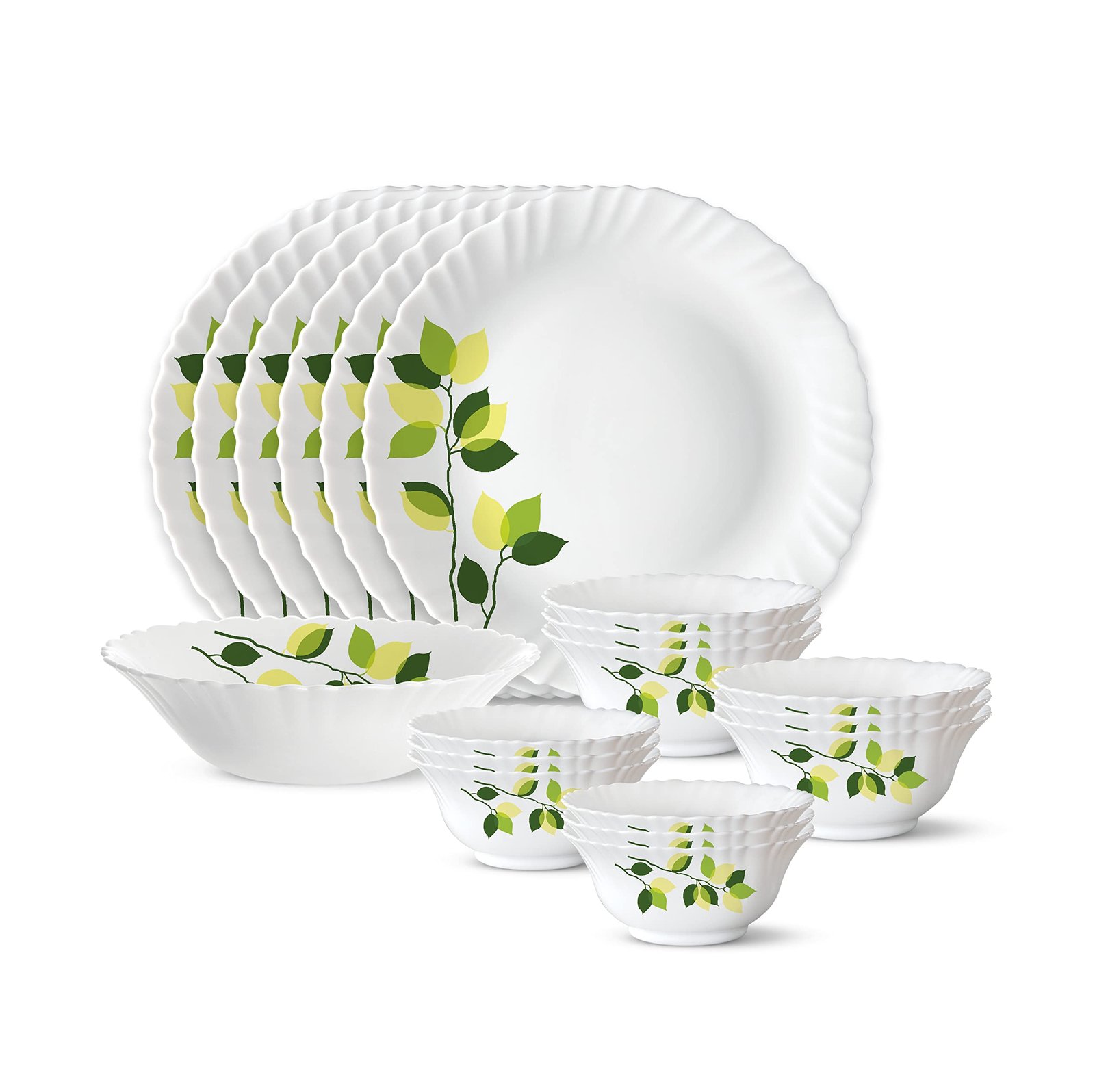 Larah by Borosil 19 Pieces Green Leaves Opalware Dinner Set for Family of 6