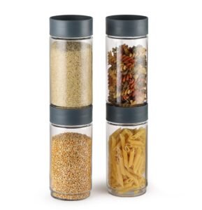 CELLO Modustack Pet Storage Jar For Kitchen Set of 4 Pcs, 1000 ml Grey | Freezer & Fridge Safe, See Through Airtight Stackable Pet Kitchen Storage Box Container Set For Beans, Whole Grains, Spices