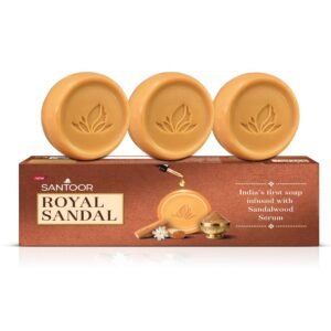 Santoor Royal Sandal Soap | Infused with Sandalwood Serum | Tan Removal | 100% Pure Sandalwood Oil & Powder | Helps Reduce Tan for Even-Toned, Glowing Skin | 150g x 3 Soaps