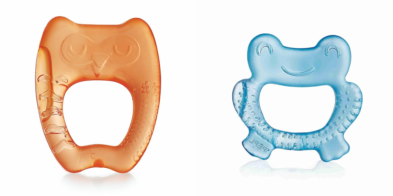 BeeBaby Teethers for 6 to 12 Months BPA Free. Cooling Water Filled Baby Teether, Soft Teething Toy for Babies with Carry Case, Soothes Gums and Easy to Grip. 100% BPA, PVC Free. (Frog & Owl – Blue_Orange, Pack of 2)