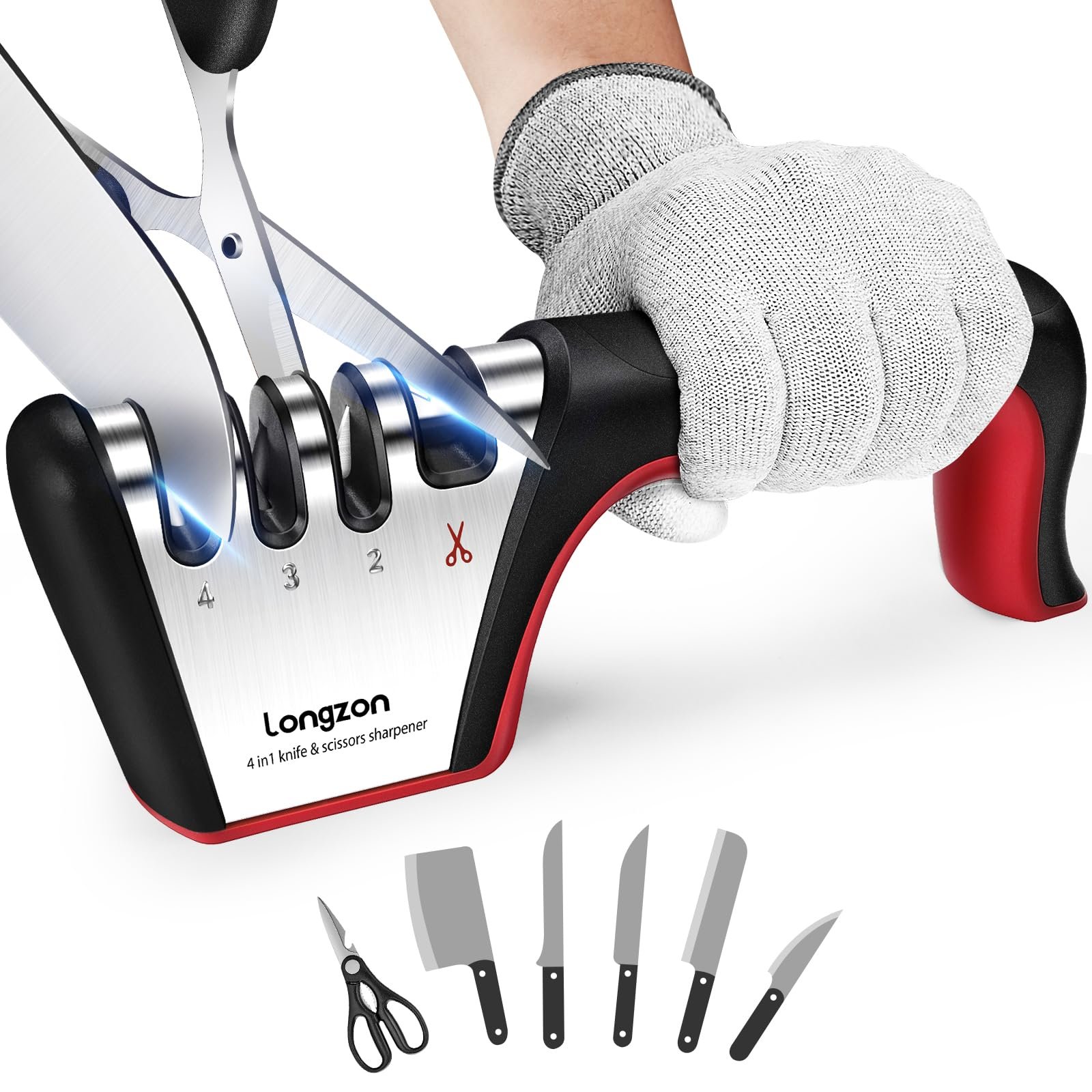 Manual 3 Stage Knife Sharpener for Kitchen, Knife Sharpener Rod, Knives Sharpening Tool for Steel Knives (Black+Red)