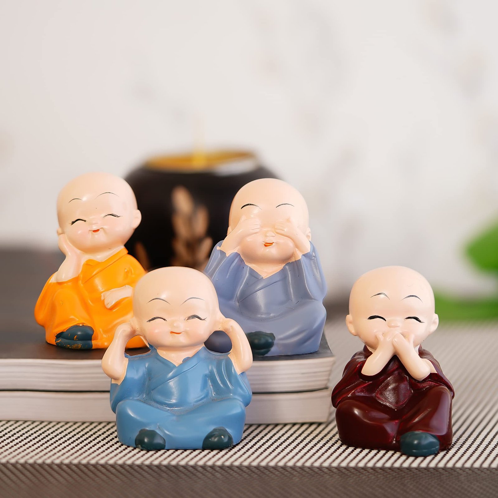 eCraftIndia Resin Set of 4 Little Monk Buddha Statue Think No Evil Speak No Evil Hear No Evil See No Evil Showpiece for Home Decor Living Room Office| Diwali Housewarming Buddha Purnima Birthday Gifts
