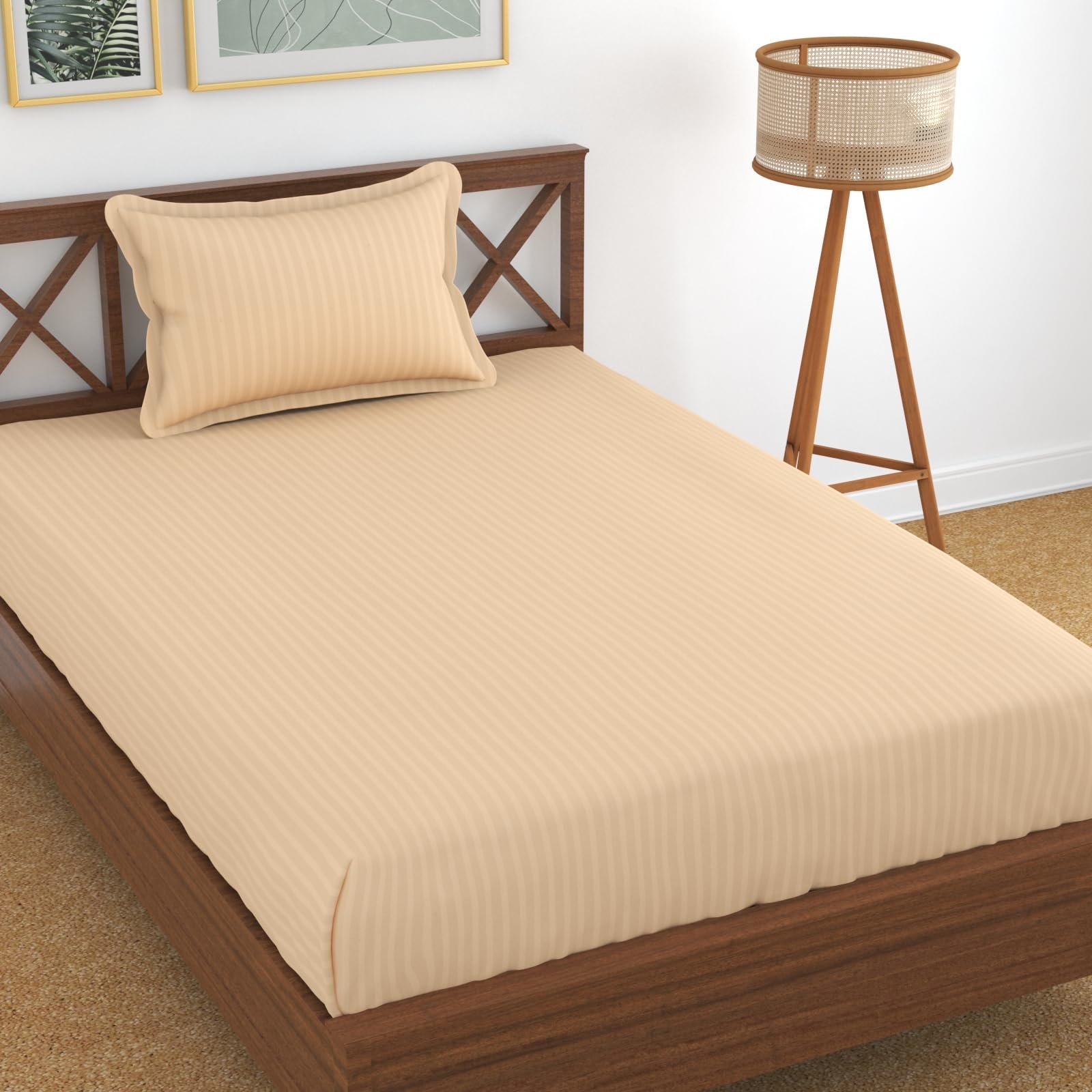 Homefab India 160 TC Stripe Glace Cotton Single BedSheet with 1 Pillow Cover – Peach