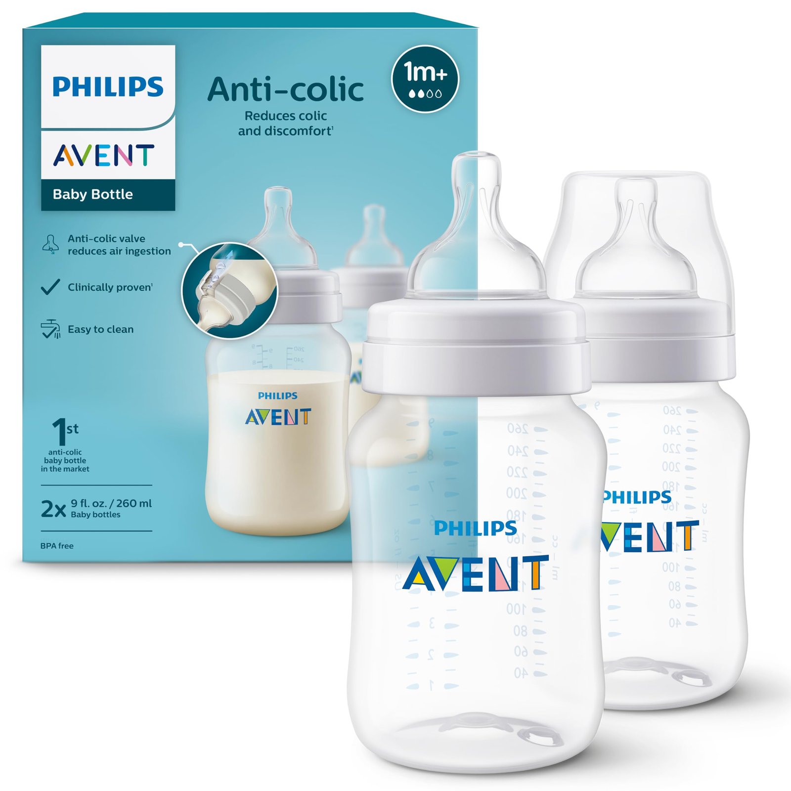 Philips Avent Anti-Colic Baby Feeding Bottles | BPA Free for Newborn Babies Aged 1 Months+ 9oz/260ml – Pack of 2 | SCY103/20