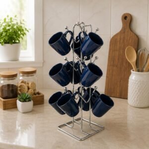 Silver Stainless Steel Tabletop Cubby Shelf Cup Rack – Ideal for Kitchen, Coffee, and Tea Mug Display, Elegant Dining Table Cup Holder for 12 Cups (Pack of1) (NHSP)