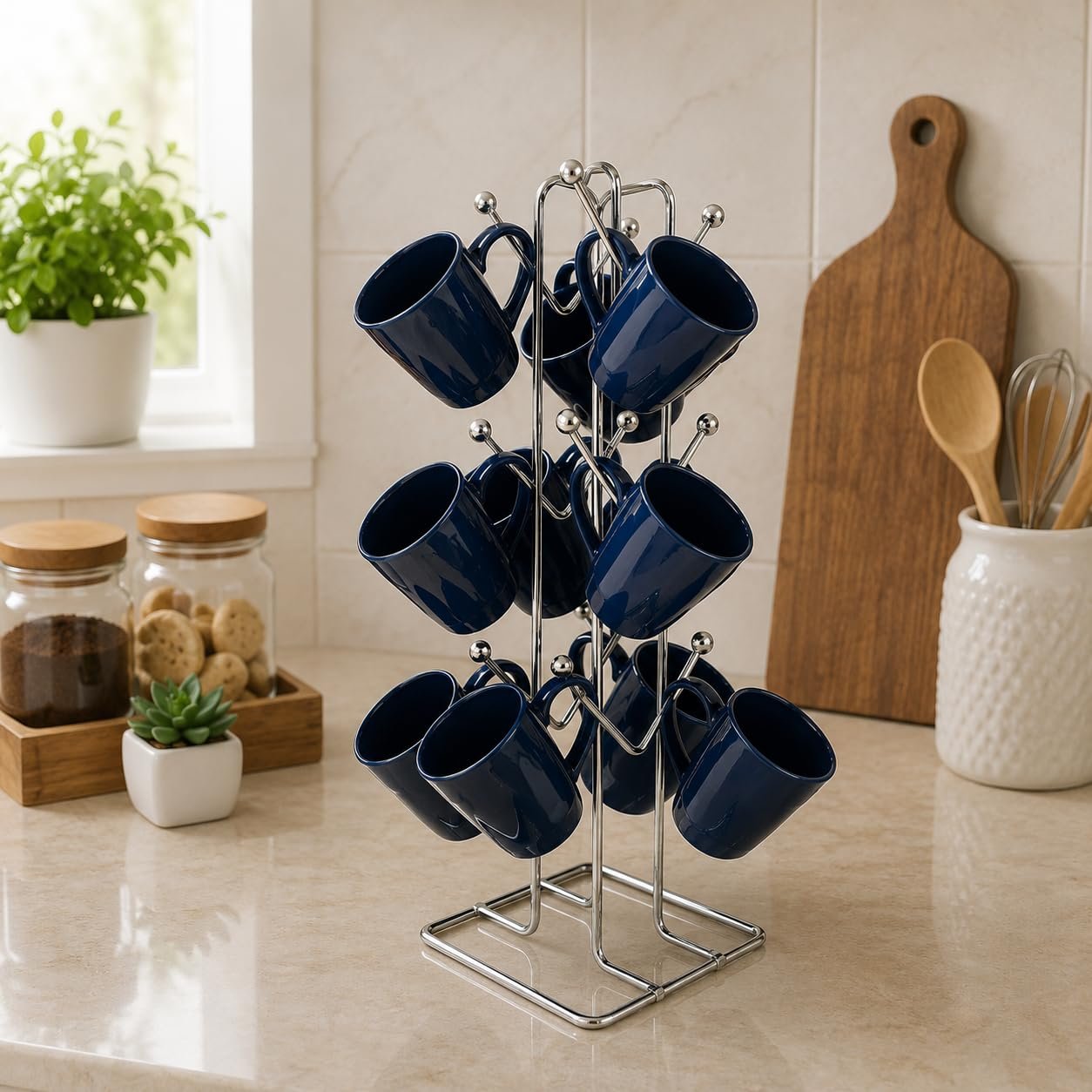 Silver Stainless Steel Tabletop Cubby Shelf Cup Rack – Ideal for Kitchen, Coffee, and Tea Mug Display, Elegant Dining Table Cup Holder for 12 Cups (Pack of1) (NHSP)