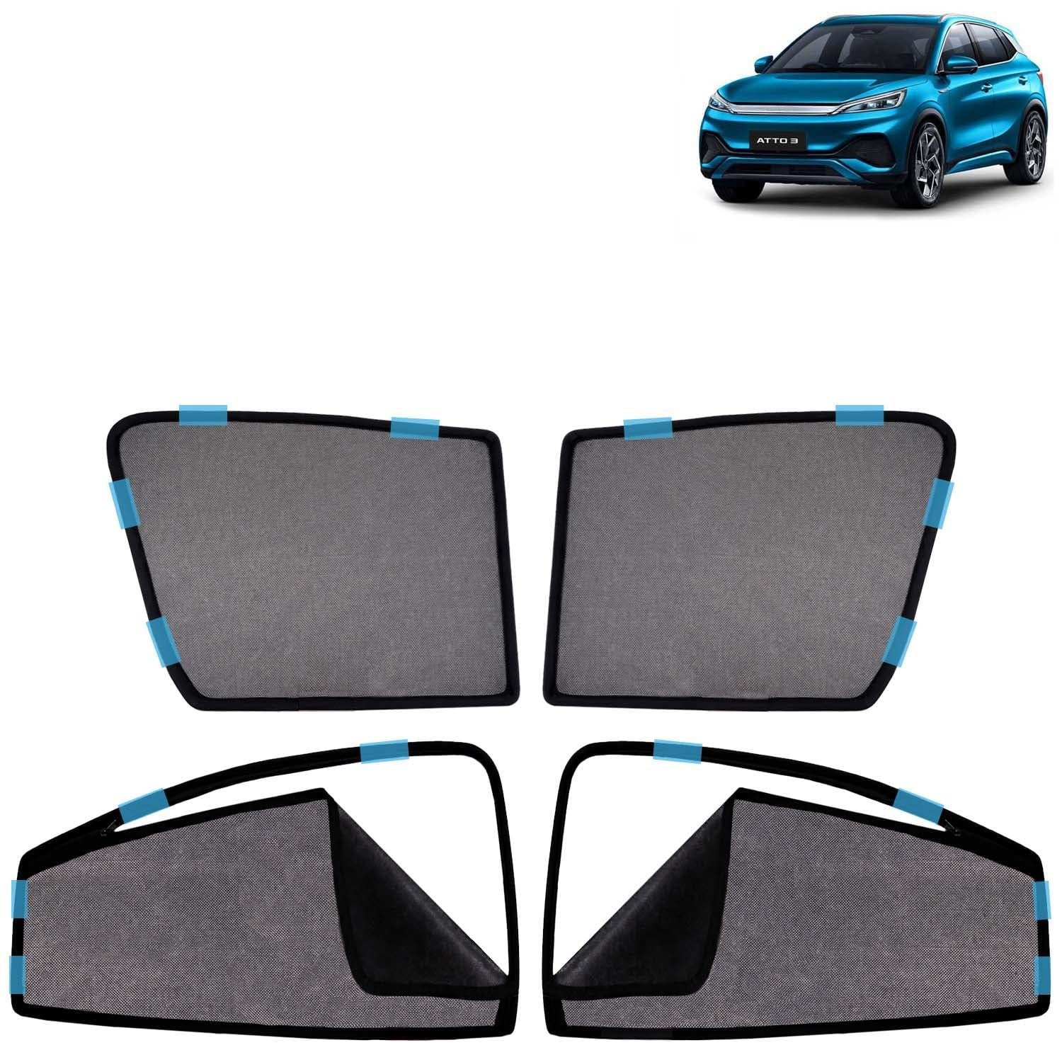 KINGSWAY Car Sun Shade Curtains Only Compatible with BYD ATTO 3 (2022 Onwards) | Front Window in Half Cut and Rear in Zipper (Magnetic) | UV & Heat Protection | Pack of 4 Pcs