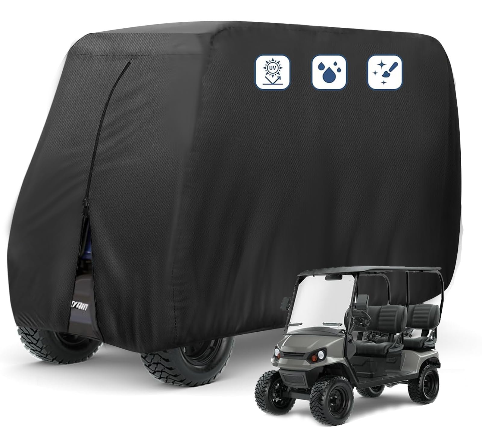 FLYMEI 4 Passenger Golf Cart Cover, Waterproof, Black, PVC, Hook and Loop Closure, Up to 112 Inch