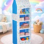 YouCopia Baby Wardrobe Plastic Kids Storage Rack with Fabric Cover & Wheels | 6-Tier Plastic Shelves Organizer | Toy, Book & Clothes Storage Cabinet for Kids Room (Dinosaur)