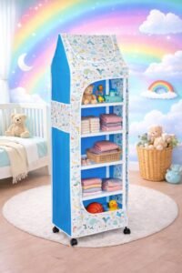 YouCopia Baby Wardrobe Plastic Kids Storage Rack with Fabric Cover & Wheels | 6-Tier Plastic Shelves Organizer | Toy, Book & Clothes Storage Cabinet for Kids Room (Dinosaur)