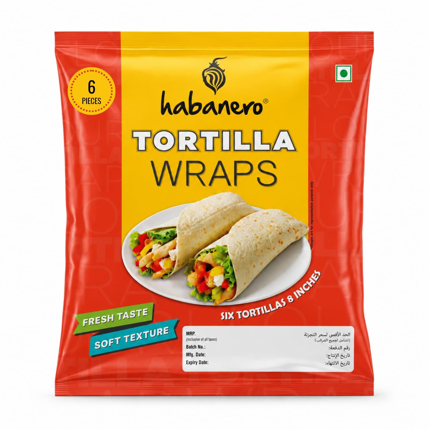 Habanero Tortilla Wraps 8 Inches l Non GMO| Fresh Taste & Soft Texture l Best for Burrito, Wraps, Tacos, Samosas, Shawarmas and Rolls l |330G