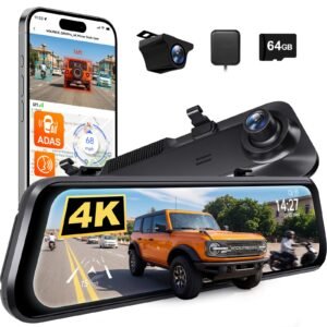 WOLFBOX G850 PRO 4K Rear View Mirror Dash Cam for Car Front and Rear with GPS, ADAS, BSD, 12″ Touchscreen, 5.8GHz WiFi, Voice Control, G-Sensor, Loop Recording, 64GB Card Included